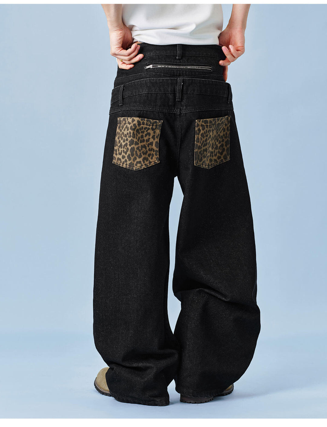 MEDM Double Waist Leopard Print Pocket Baggy Jeans | Face 3 Face