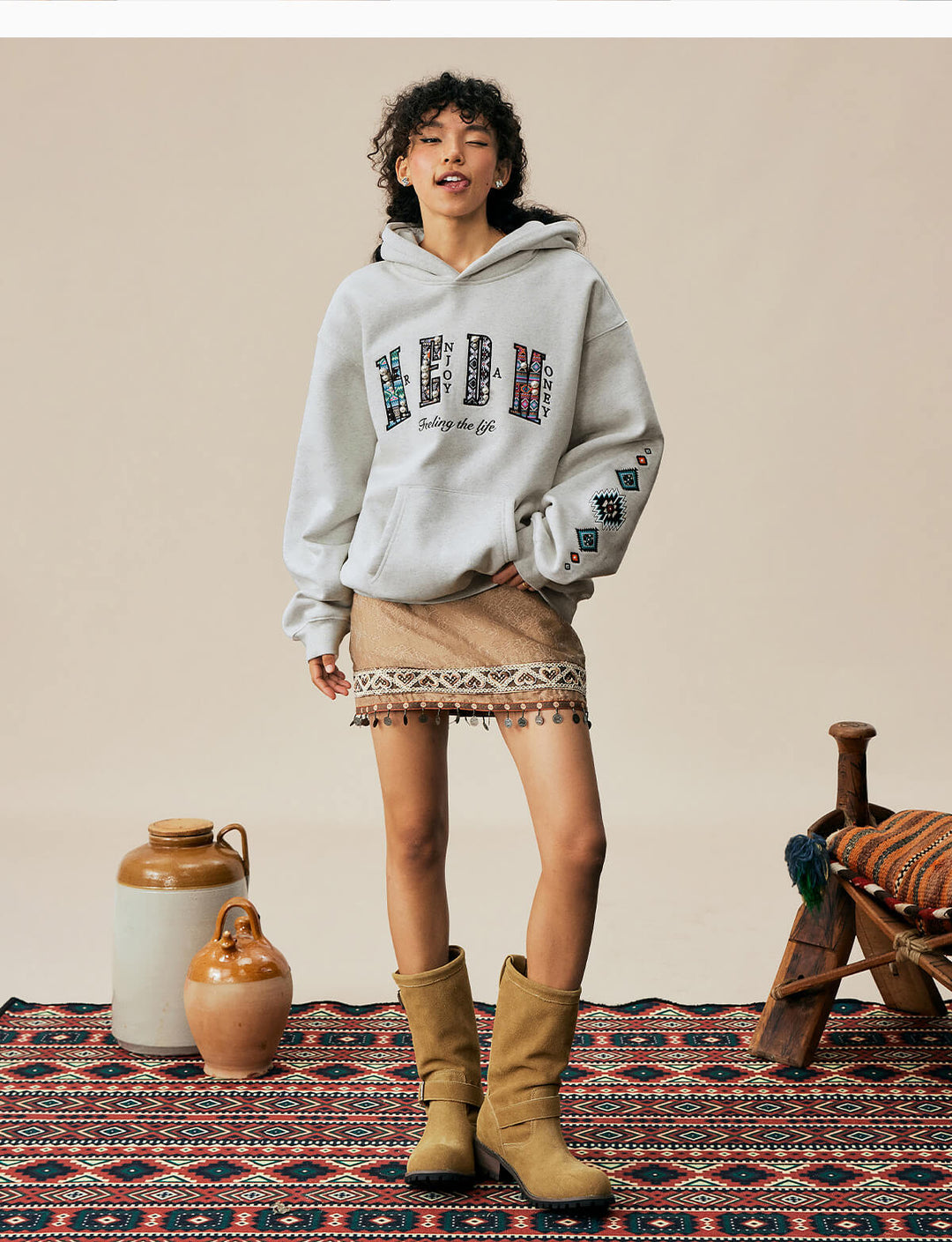 MEDM Ethnic Embroidered Patch Pearl Oversized Hoodie | Face 3 Face