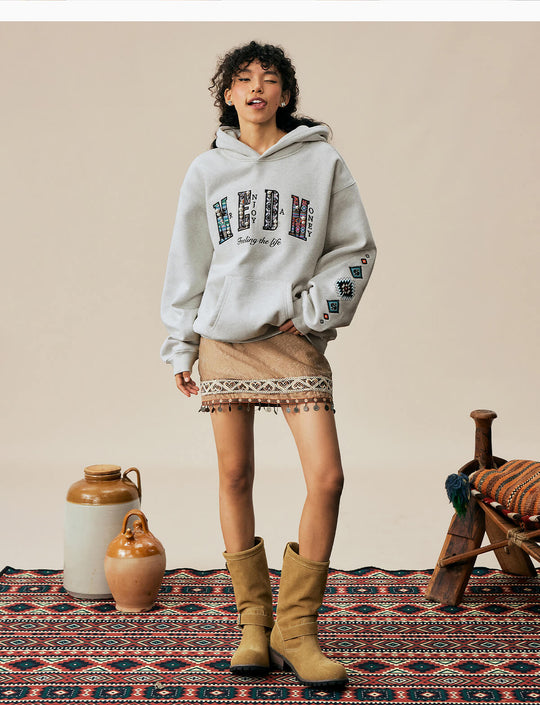 MEDM Ethnic Embroidered Patch Pearl Oversized Hoodie | Face 3 Face