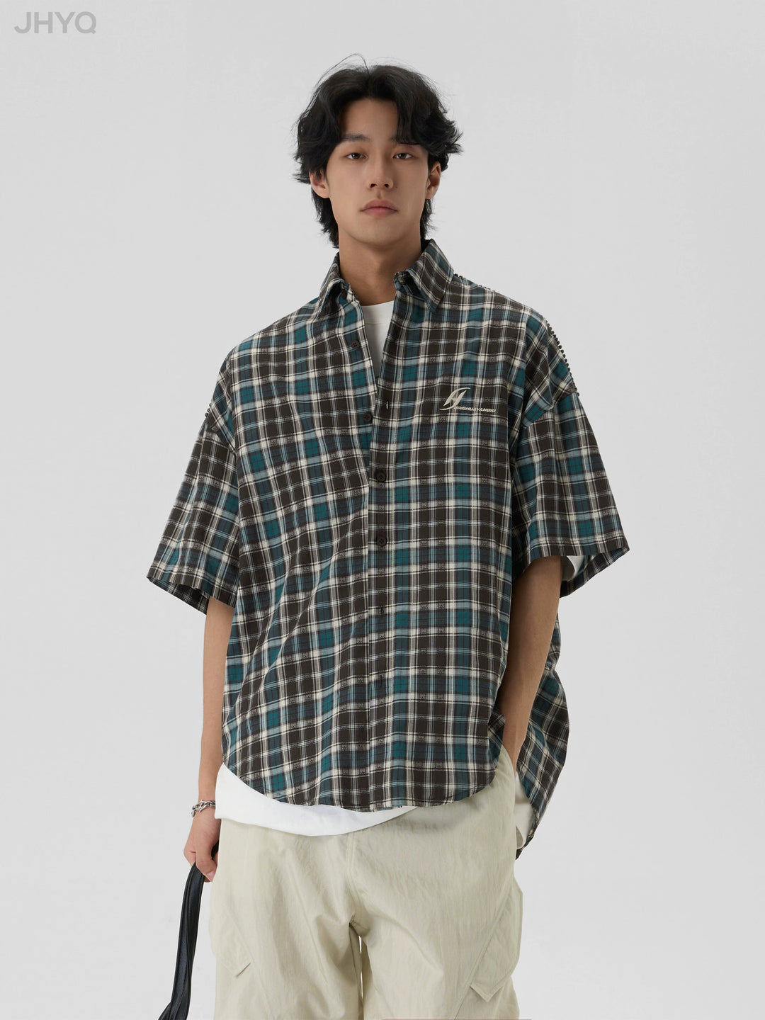 JHYQ Beaded Shoulder Plaid Short Sleeve Shirt