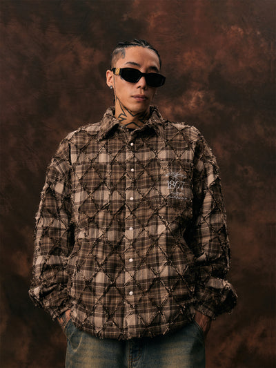 1807 STILL GOING Plaid Diamond Patchwork Quilted Shirt Jacket | Face 3 Face