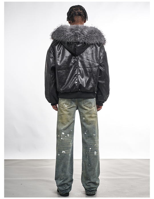 F3F Select Red Velvet Lining PU Leather Fur Hooded Bomber Jacket | Face 3 Face