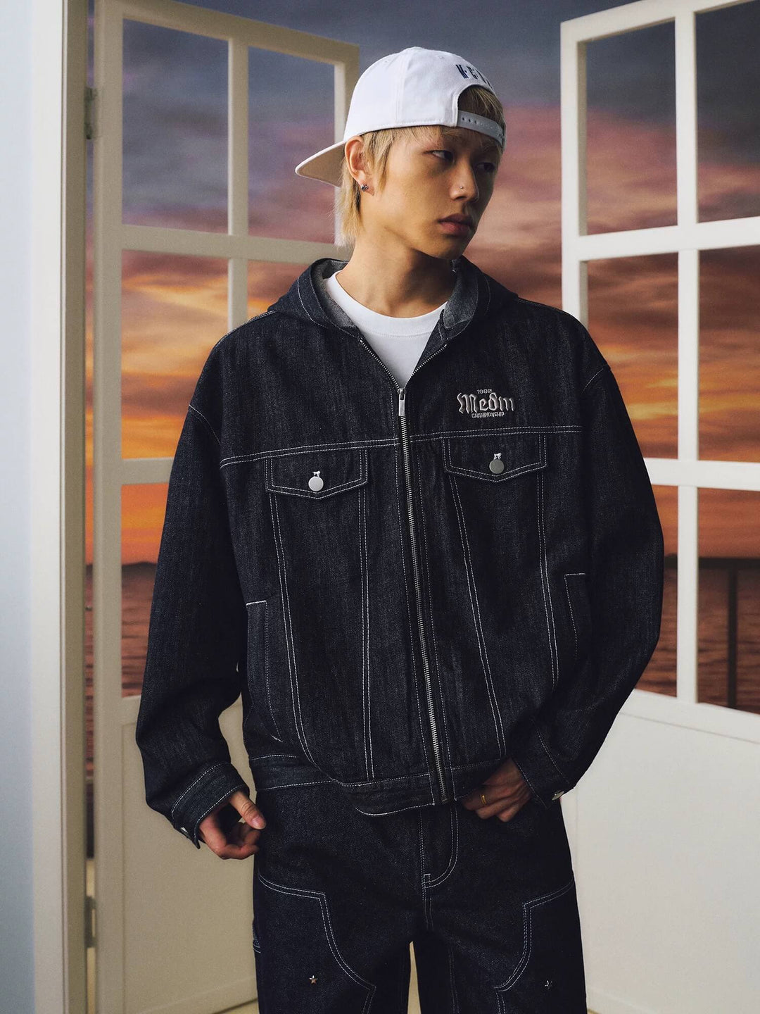 MEDM Embroidered Patch Hooded Zip Up Denim Jacket | Face 3 Face