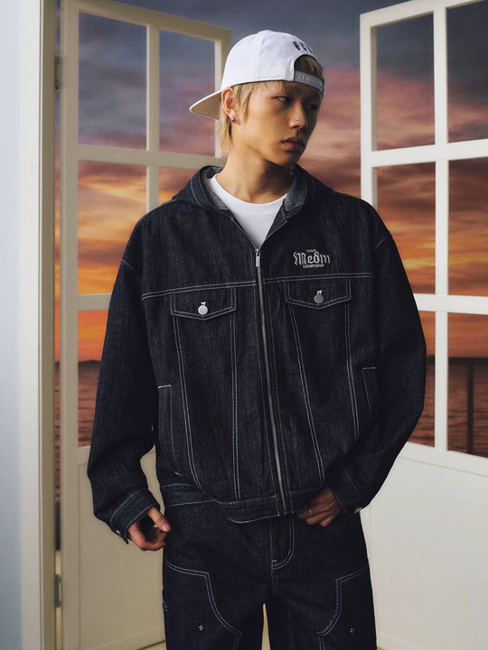 MEDM Embroidered Patch Hooded Zip Up Denim Jacket | Face 3 Face