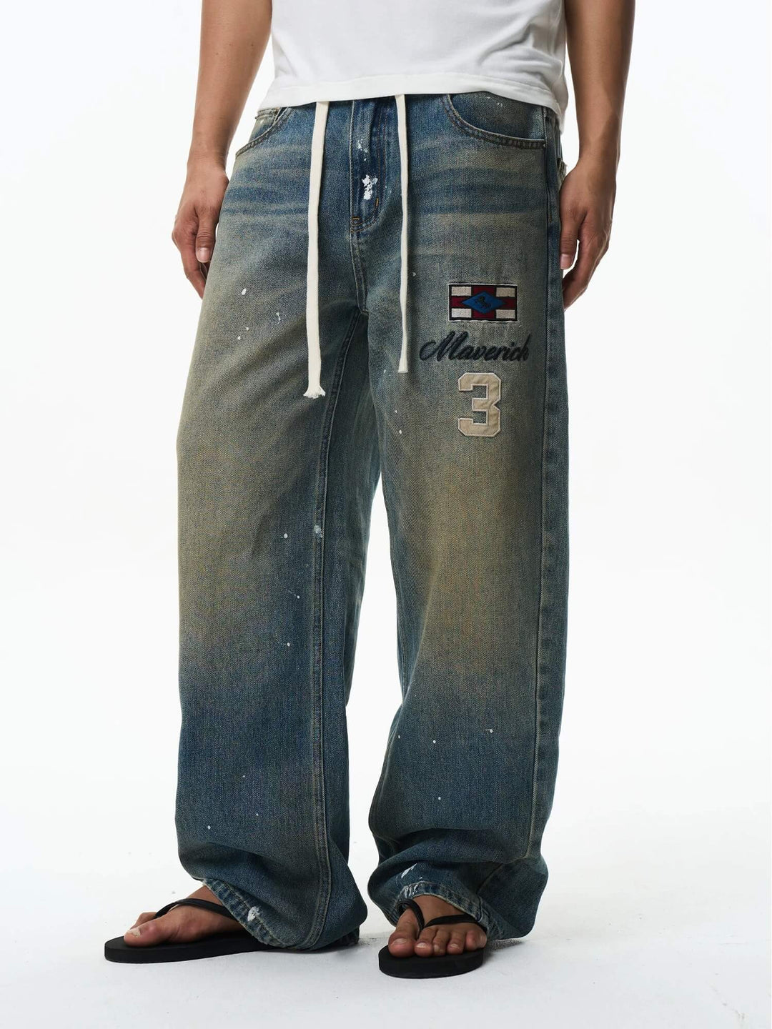 EXITMODE BY BLIND NO PLAN Washed Patch Embroidered Drawstring Baggy Jeans | Face 3 Face