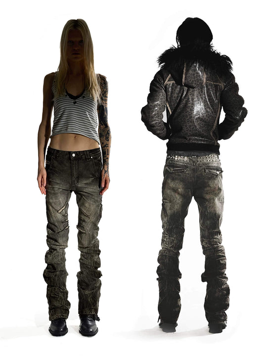 Night Lab Rock Rivet Washed Distressed Curved Slim Fit Jeans | Face 3 Face