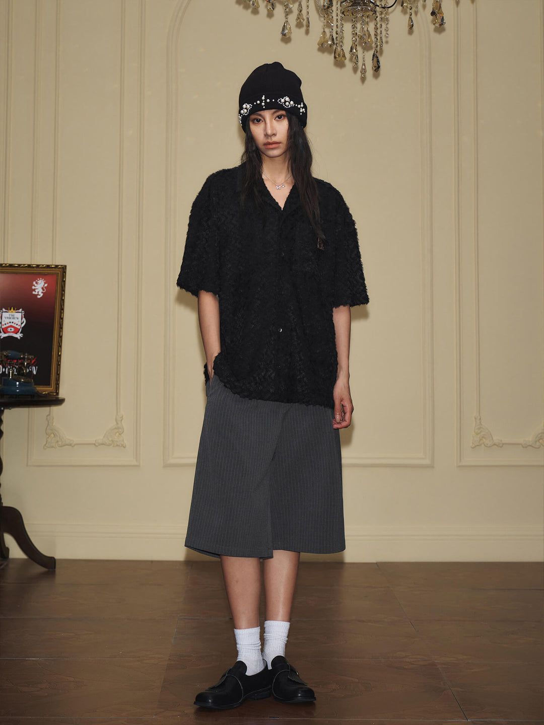 YADcrew Wavy Stripe Fuzzy Short Sleeve Shirt | Face 3 Face