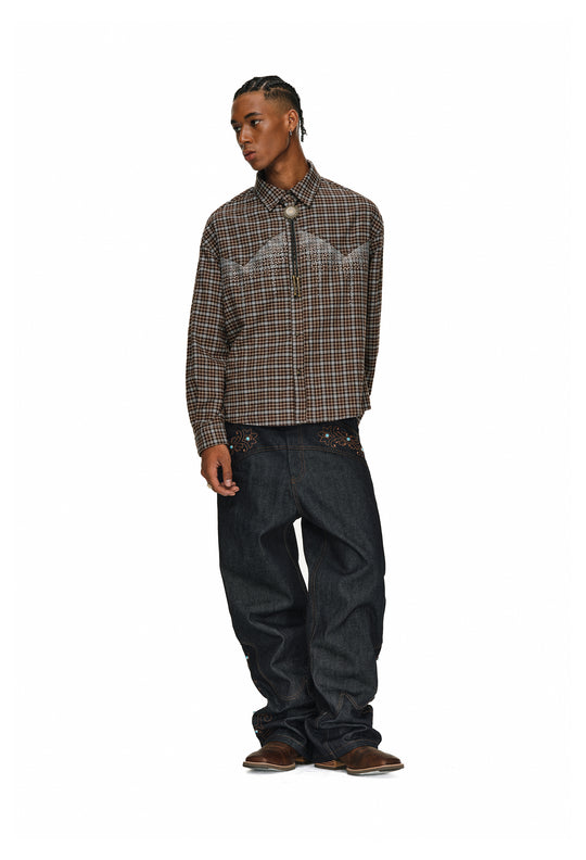 ANTIDOTE Rhinestone Flannel Plaid Long Sleeve Shirt | Face 3 Face