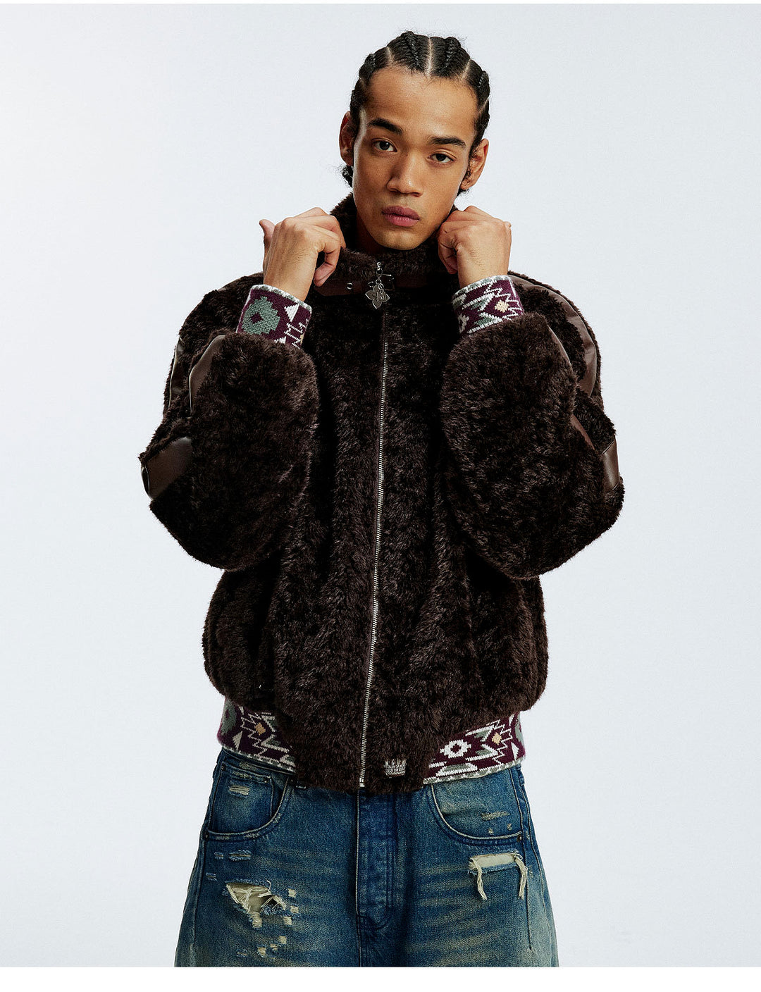 MEDM Ethnic Trim Belted Sherpa Jacket | Face 3 Face