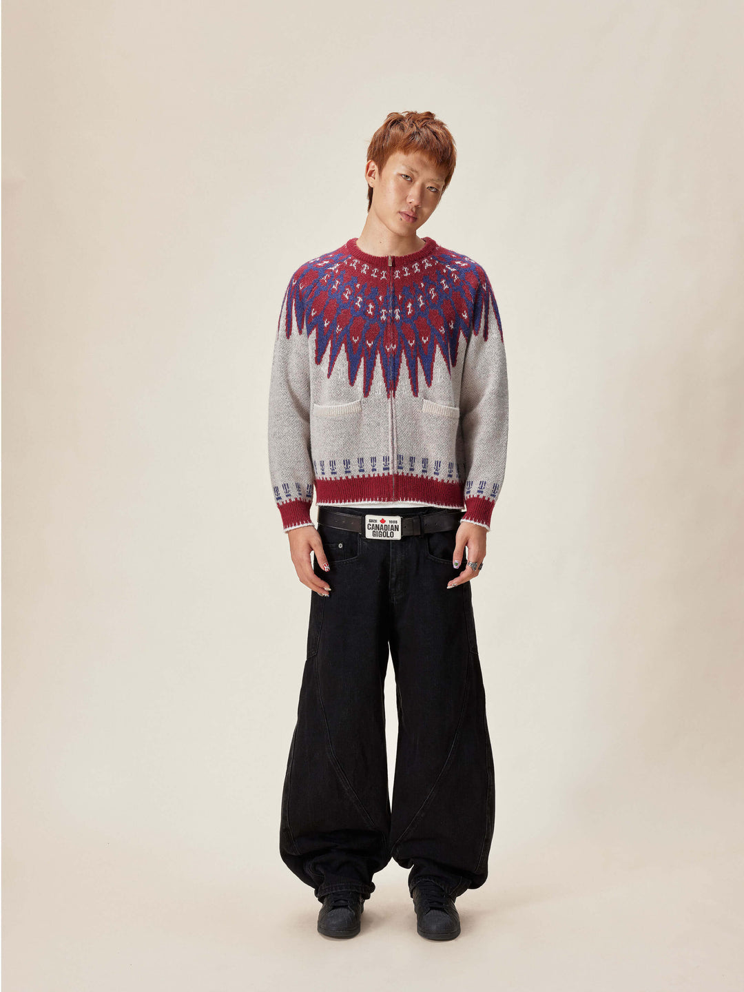 EVILKNIGHT(EK) Ethnic Pattern Knit Zip Up Cardigan