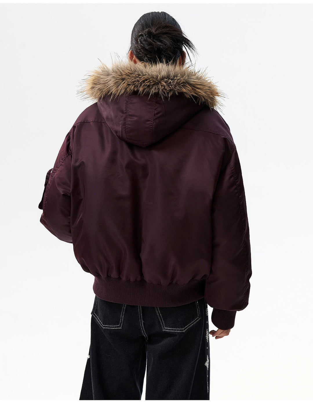 MEDM Silicone Logo Patch Fur Hooded Bomber Jacket | Face 3 Face