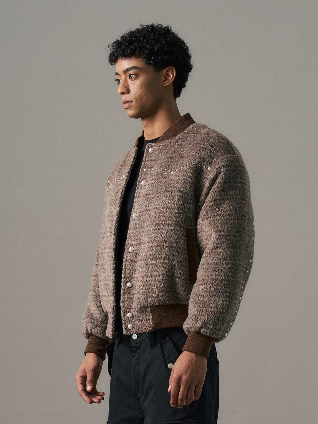 S45 Pearl Studded Fur Varsity Jacket | Face 3 Face