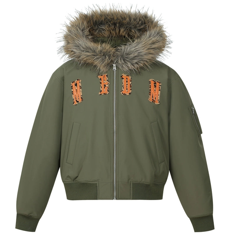 MEDM Animal Logo Patch Fur Hooded Bomber Jacket | Face 3 Face