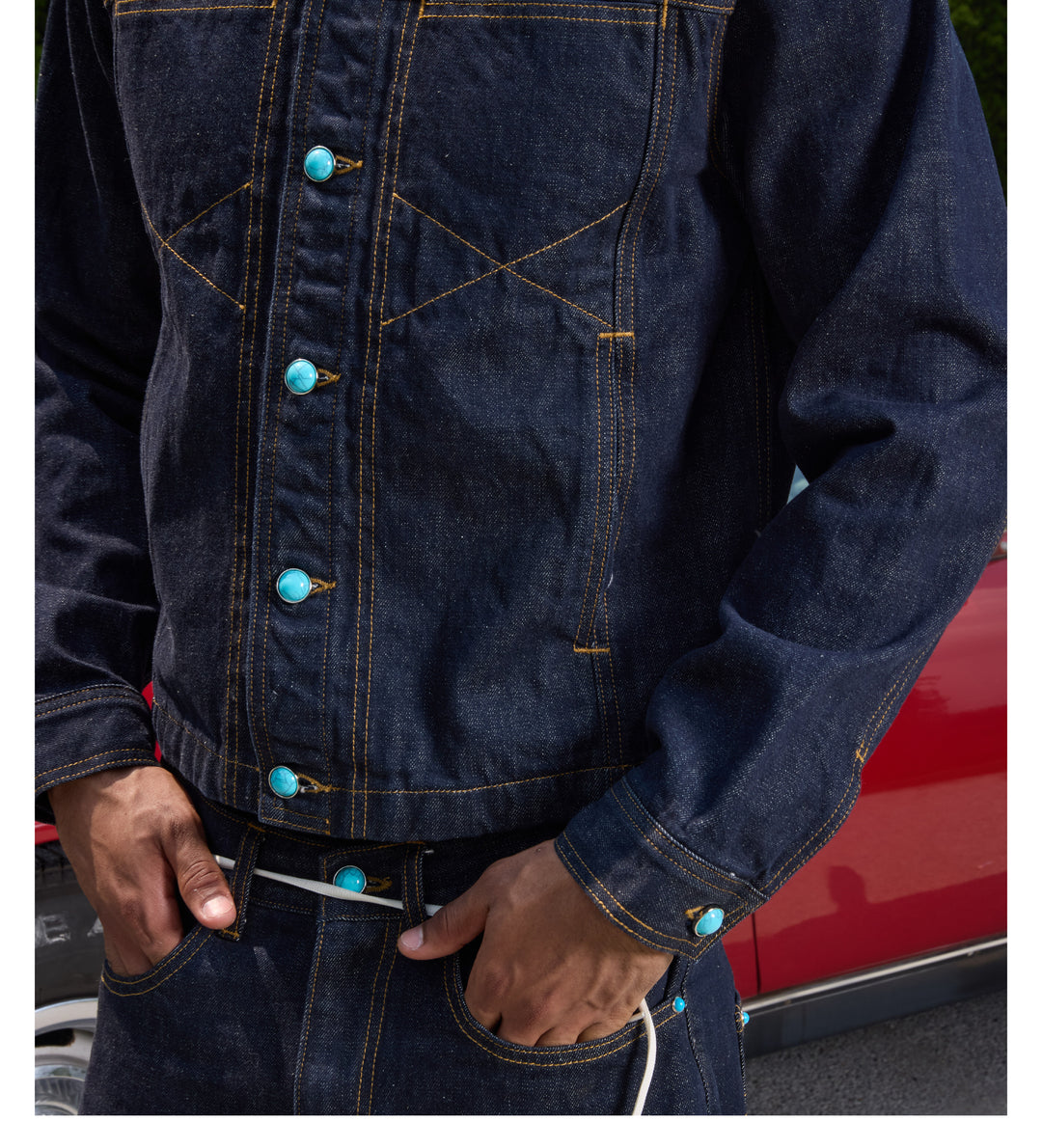 S45 Turquoise Button Denim Jacket | Face 3 Face