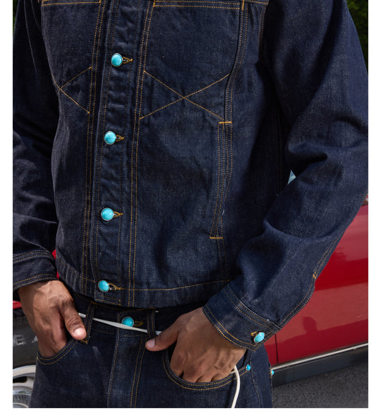 S45 Turquoise Button Denim Jacket | Face 3 Face