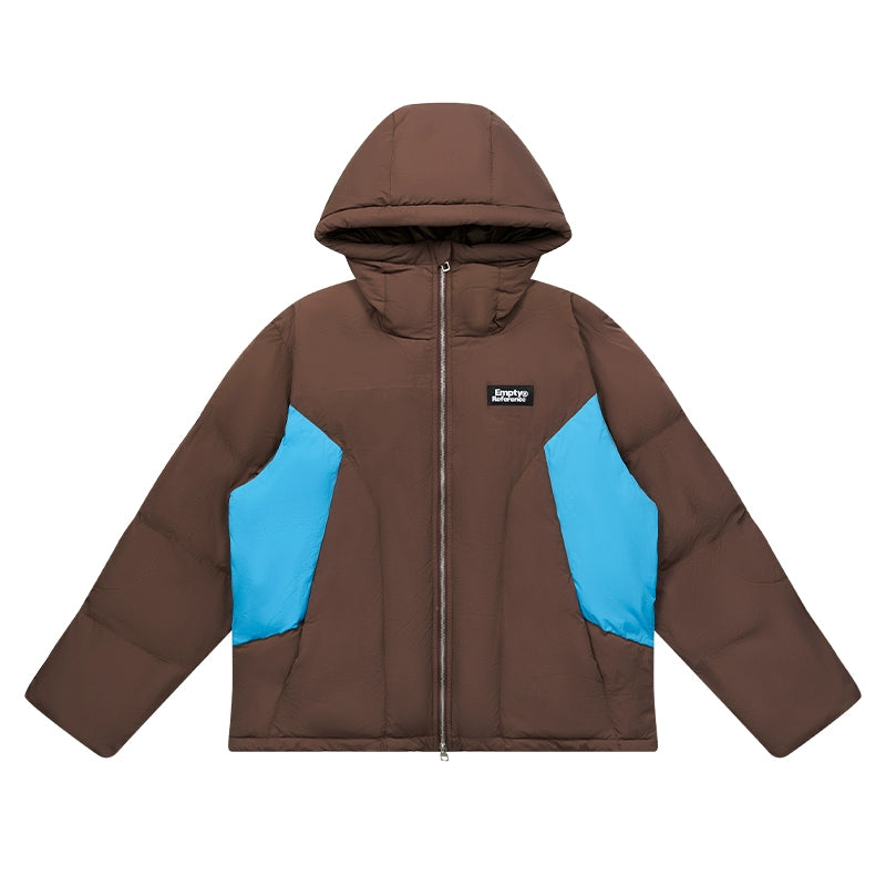 EMPTY REFERENCE Brown Patchwork Hooded Down Jacket | Face 3 Face