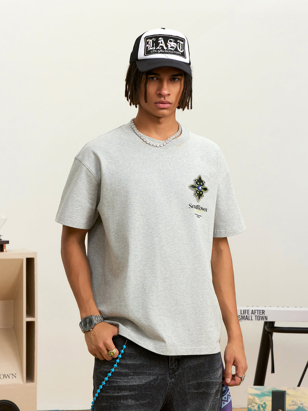 Small Town Kid Cross Pearl Sequin Beaded Embroidery Tee | Face 3 Face