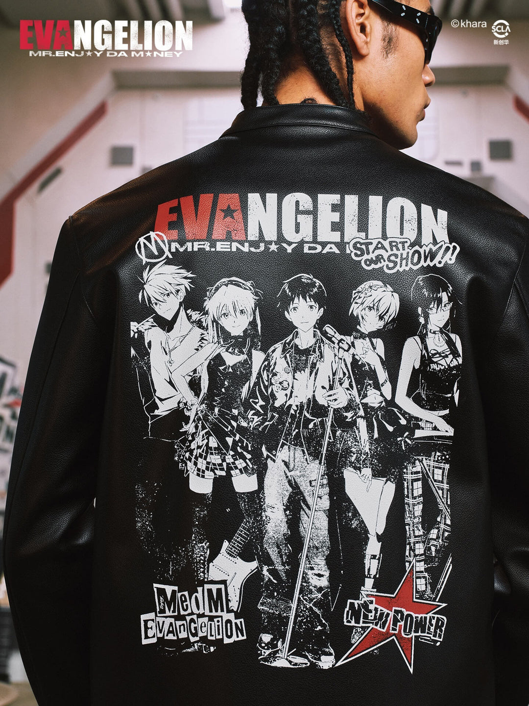 MEDM x EVA NEVER END Flame Character Portraits PU Leather Biker Jacket | Face 3 Face