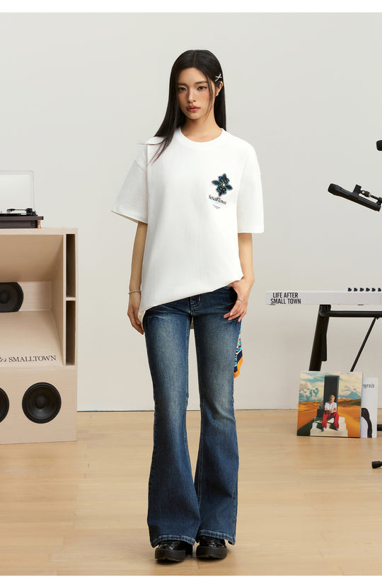 Small Town Kid Cross Pearl Sequin Beaded Embroidery Tee | Face 3 Face