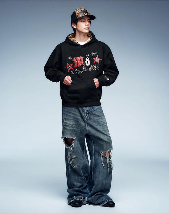 MEDM Leopard Hood Lining Star Logo Patch Hoodie | Face 3 Face