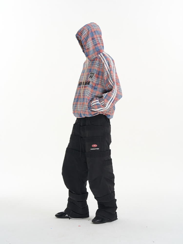 EXITMODE BY BLIND NO PLAN Checkered Embroidered Patch Stripe Sleeve Oversized Hoodie | Face 3 Face