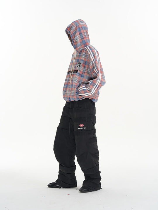 EXITMODE BY BLIND NO PLAN Checkered Embroidered Patch Stripe Sleeve Oversized Hoodie | Face 3 Face