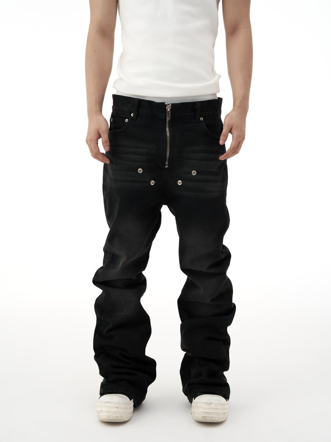 KARMANISTIC Rivet Zipper Fly Washed Flared Jeans | Face 3 Face