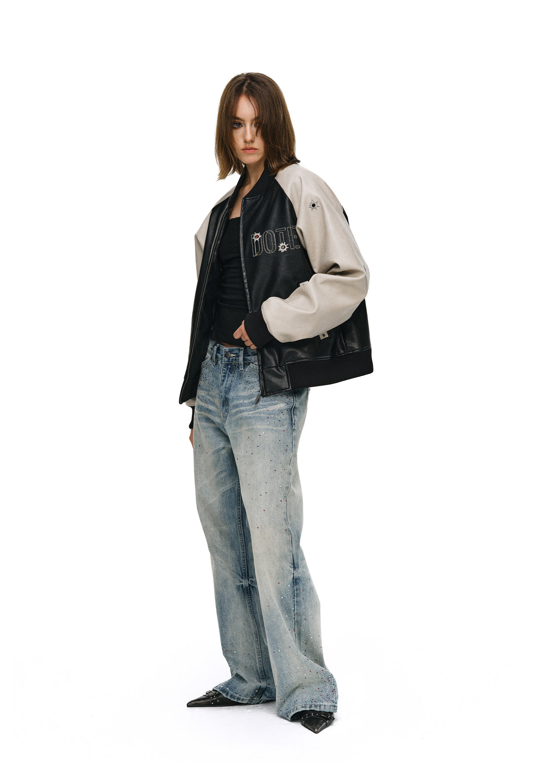 ANTIDOTE Bullseye Color Diamond Studded Leather Baseball Jacket | Face 3 Face