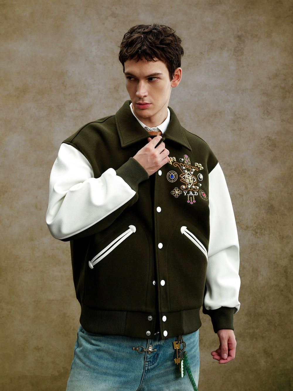 YADcrew Colorful Gemstone Cross Varsity Jacket | Face 3 Face