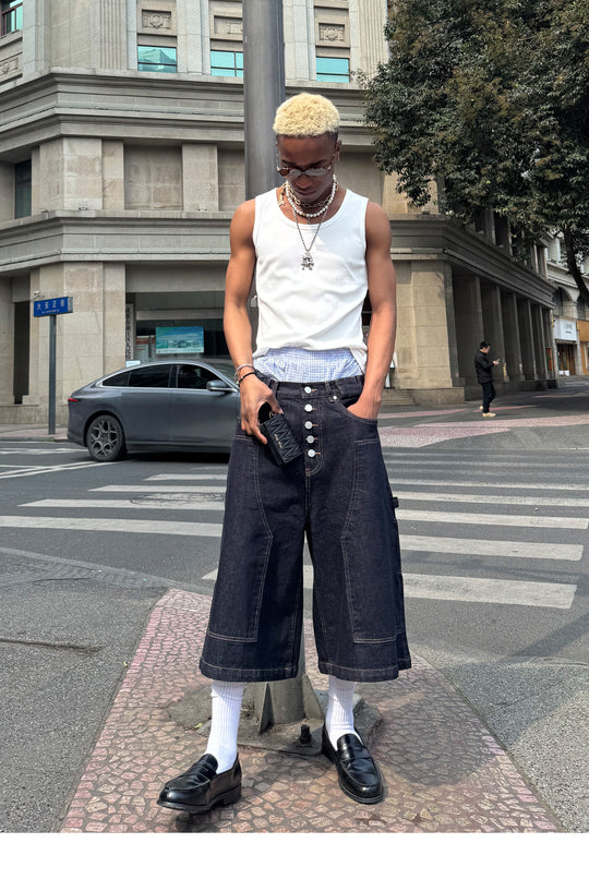 STEEPC Snap Button Double Knee Cropped Denim Baggy Shorts | Face 3 Face