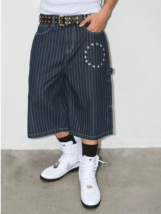 NOVACAM Circle Star Print Pinstripe Baggy Denim Shorts | Face 3 Face