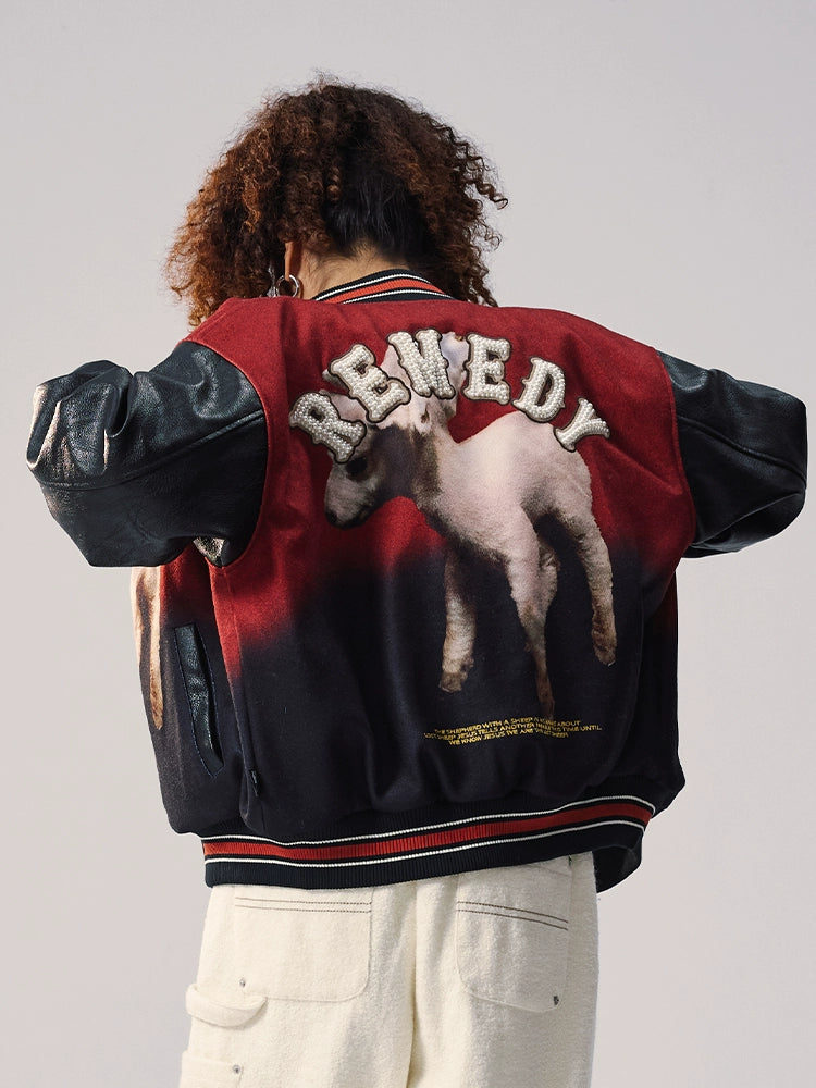 Remedy Sheep Full Print Pearl Embroidered Varsity Jacket | Face 3 Face