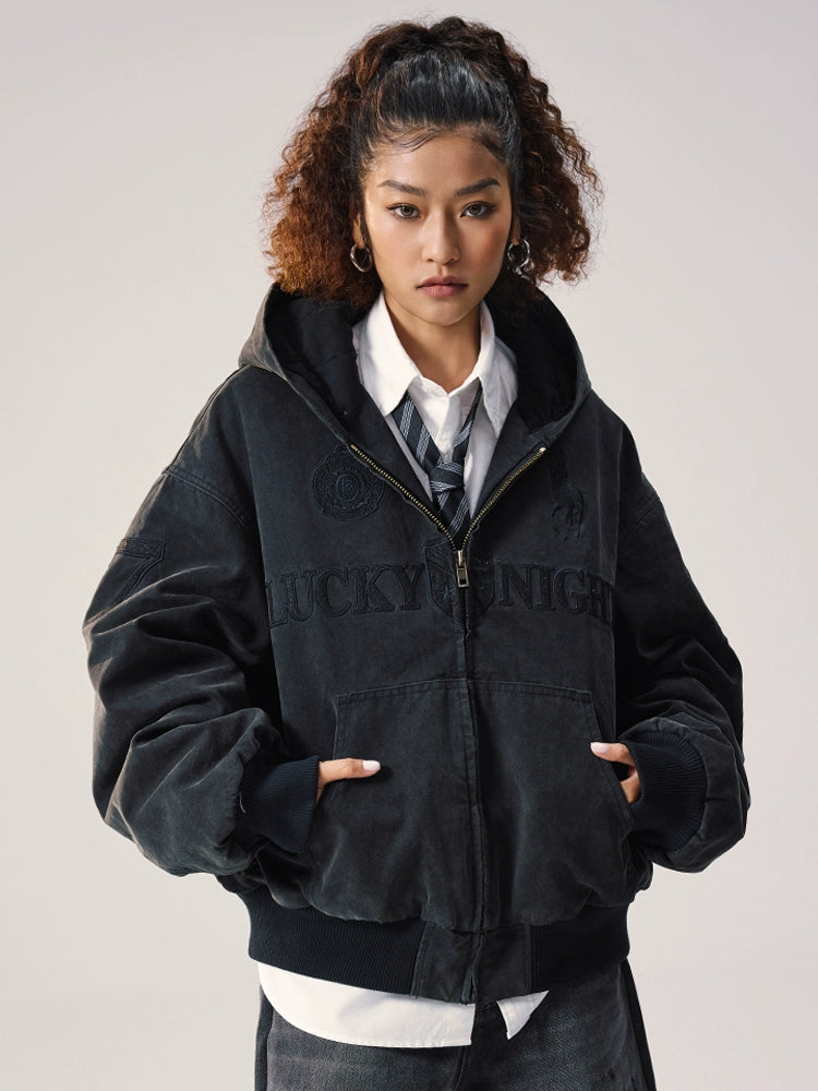 Remedy Embroidered Washed Hooded Bomber Jacket | Face 3 Face