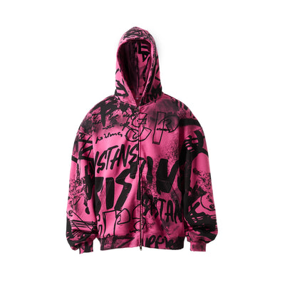 STEEPC Pink Graffiti Drop Shoulder Zip Hoodie | Face 3 Face