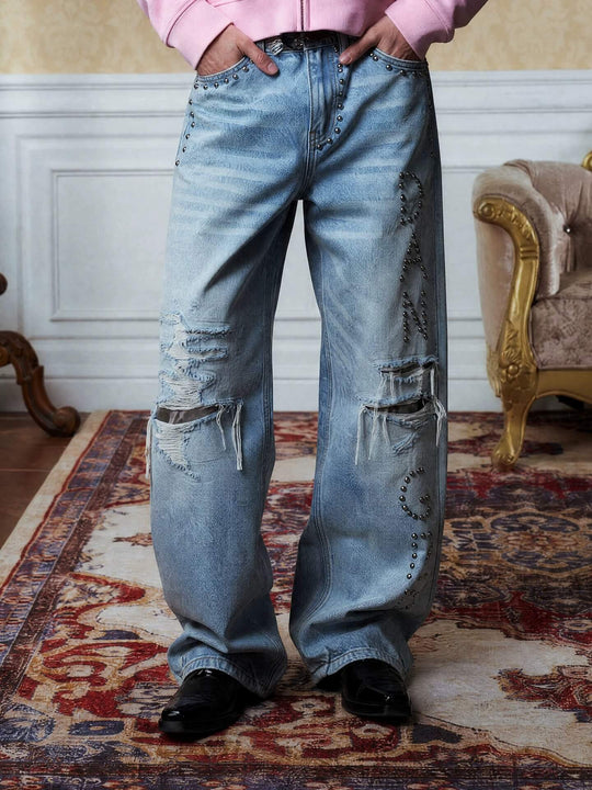 YADcrew Slogan Studded Washed Distressed Jeans | Face 3 Face
