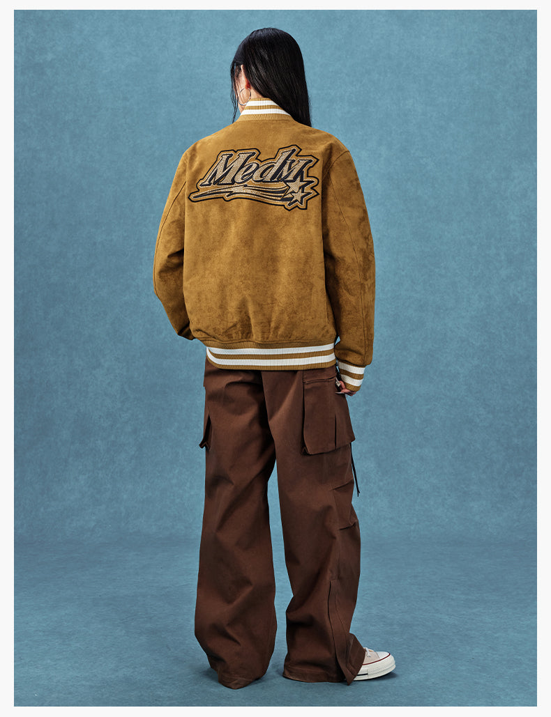 MEDM Rhinestone-Embellished Suede Varsity Jacket | Face 3 Face