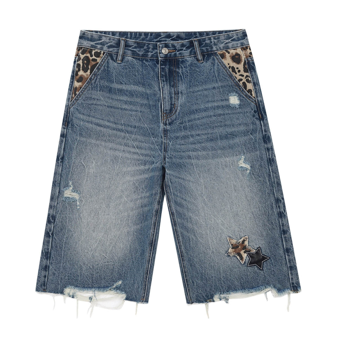 MEDM Leopard Print Star Patch Cutoff Denim Shorts | Face 3 Face