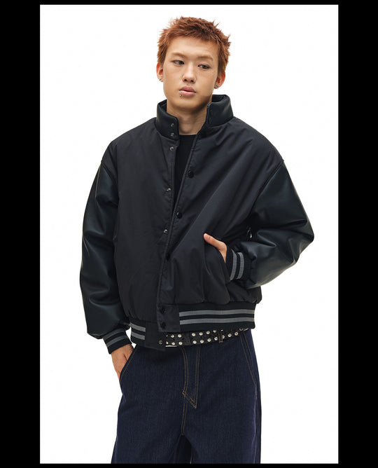NOVACAM PU Leather Sleeve Puffer Varsity Jacket | Face 3 Face
