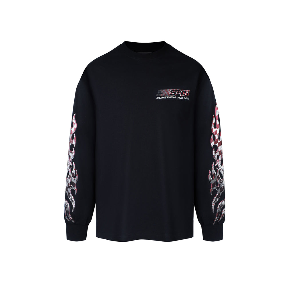 S45 Checkered Flag Flame Print Long Sleeve Tee | Face 3 Face
