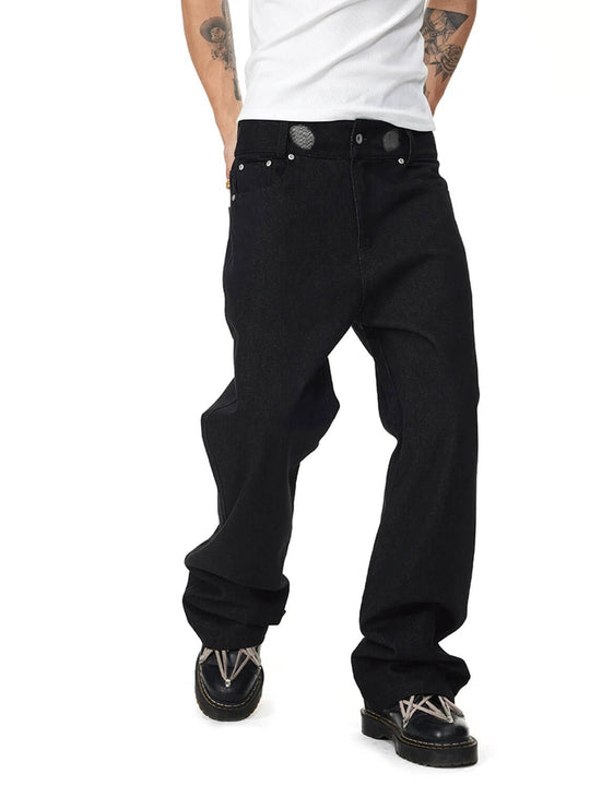 EVILKNIGHT(EK) Perforated Waistband Black Denim Jeans