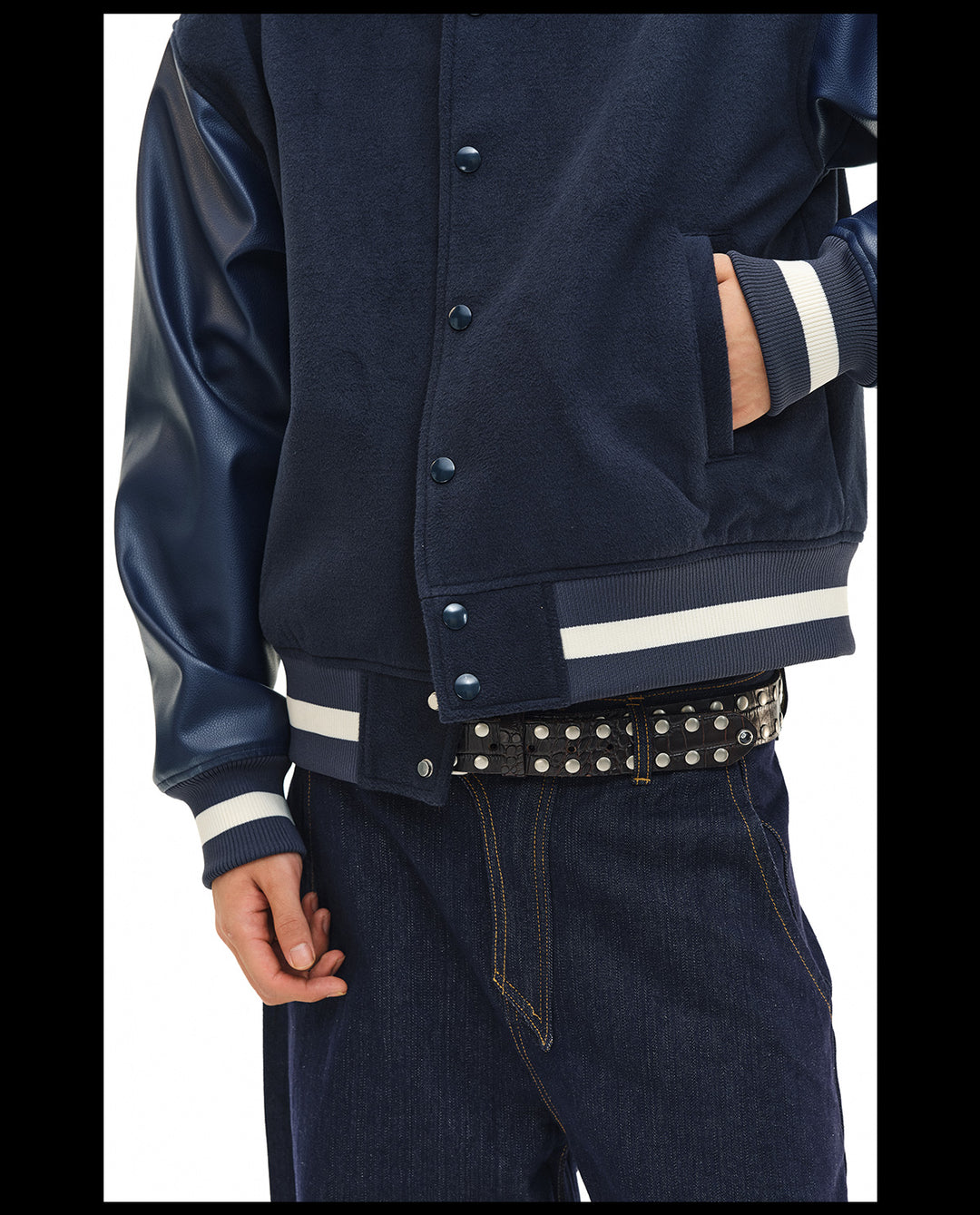 NOVACAM Navy Blue Short Basic Varsity Jacket | Face 3 Face