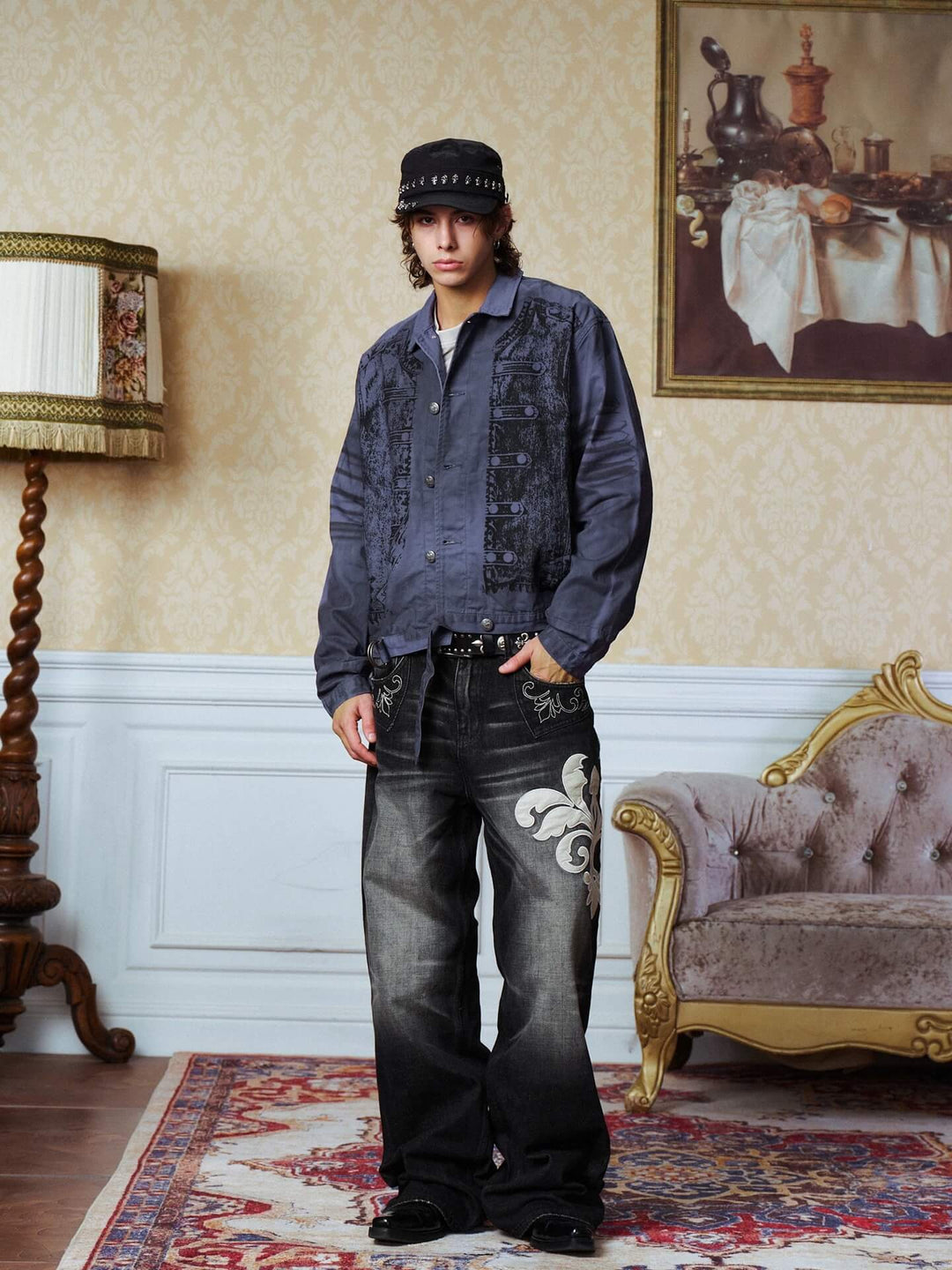 YADcrew Distressed Napoleon Print Washed Work Jacket | Face 3 Face