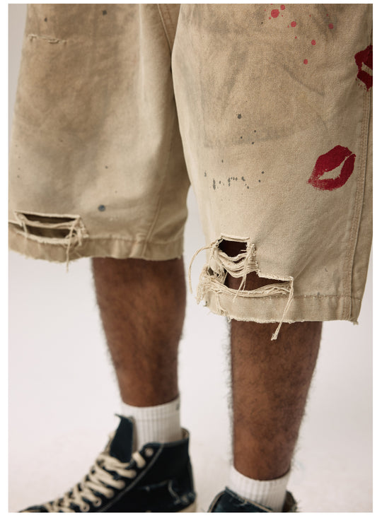 Remedy Kiss Mark Distressed Hole Work Painter Shorts | Face 3 Face