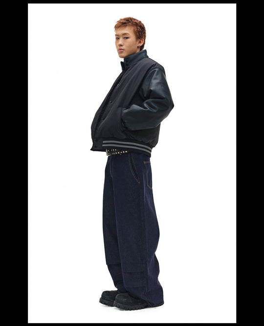 NOVACAM PU Leather Sleeve Puffer Varsity Jacket | Face 3 Face