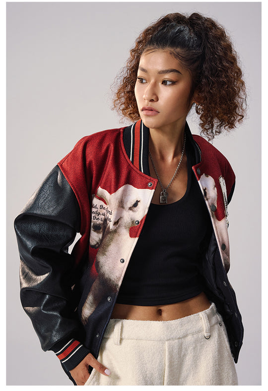 Remedy Sheep Full Print Pearl Embroidered Varsity Jacket | Face 3 Face