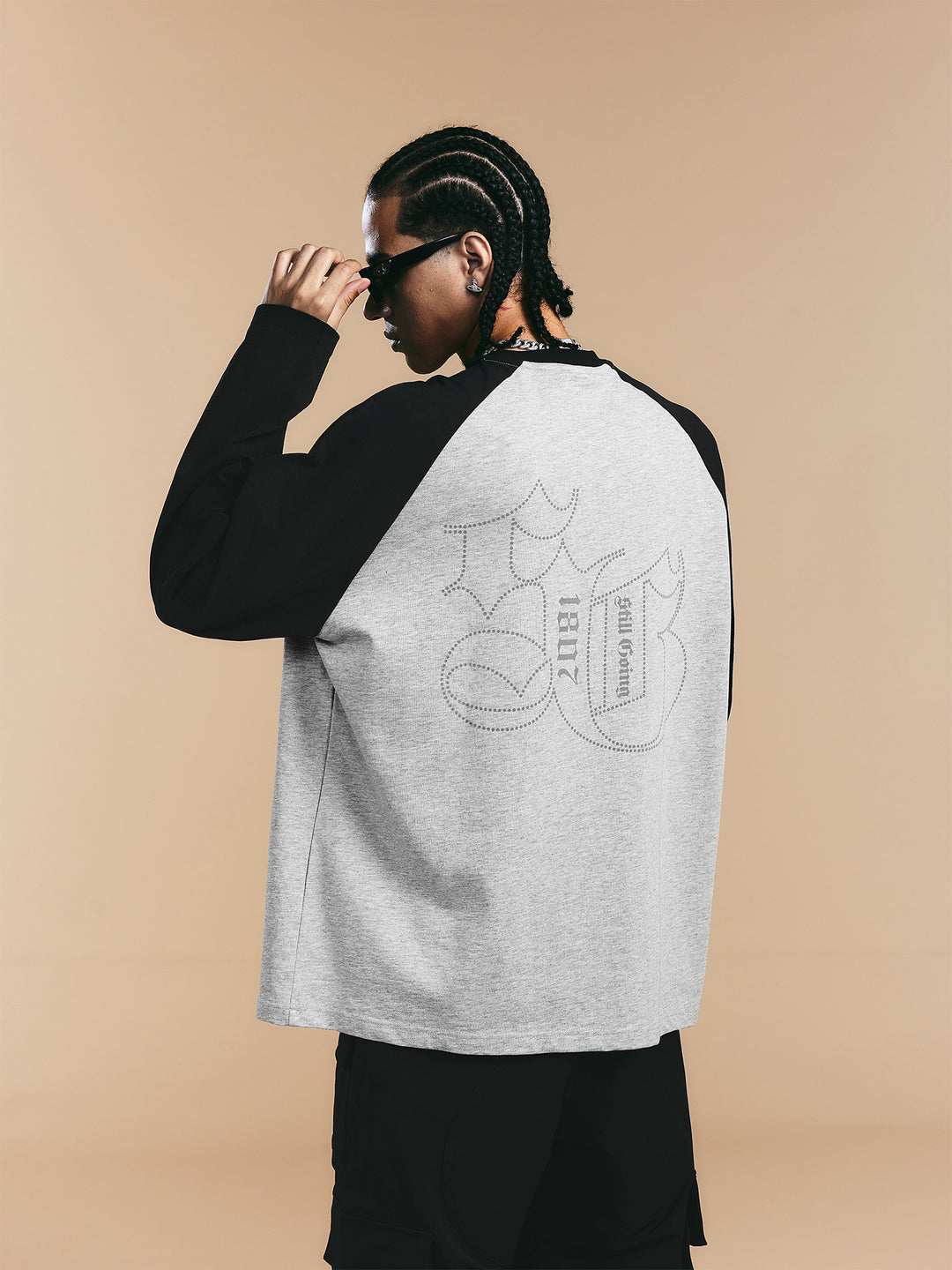 1807 Flocked Print Raglan Long Sleeve Tee | Face 3 Face