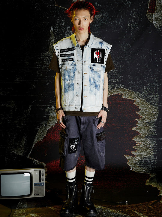 VENTUREK Washed Patch Rivet Zipper Denim Shorts | Face 3 Face