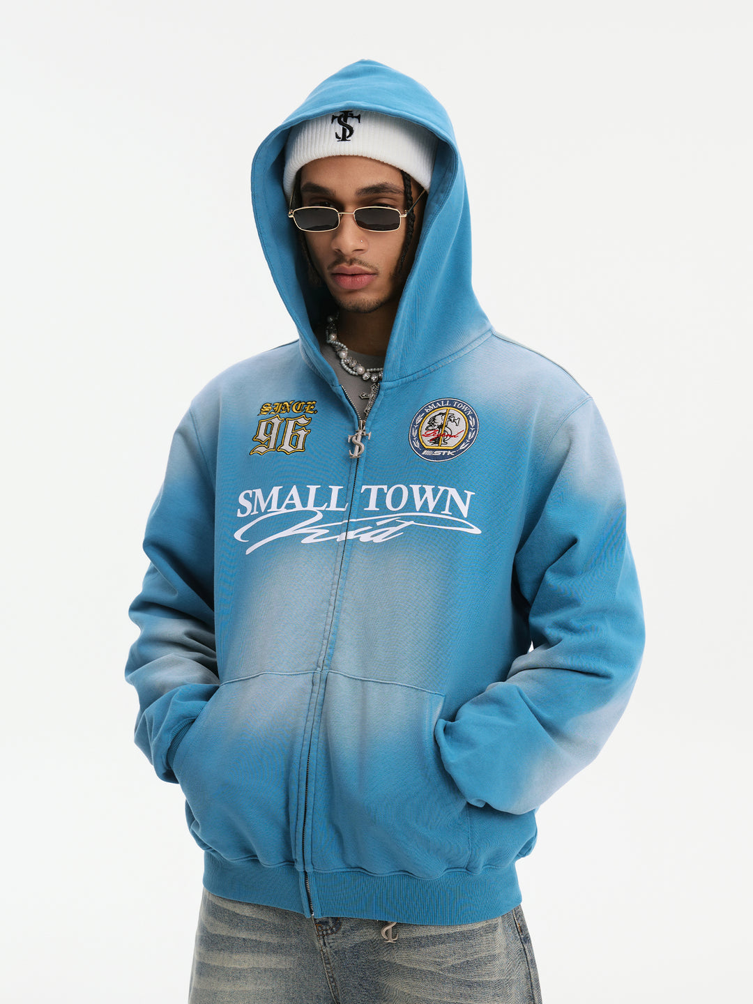 Small Town Kid Washed Badge Letter Printed Zip-Up Hoodie | Face 3 Face