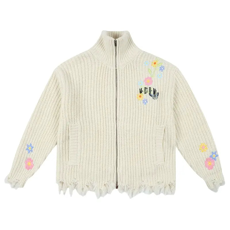 MEDM Frayed Hem Floral Embroidered Knit Cardigan | Face 3 Face
