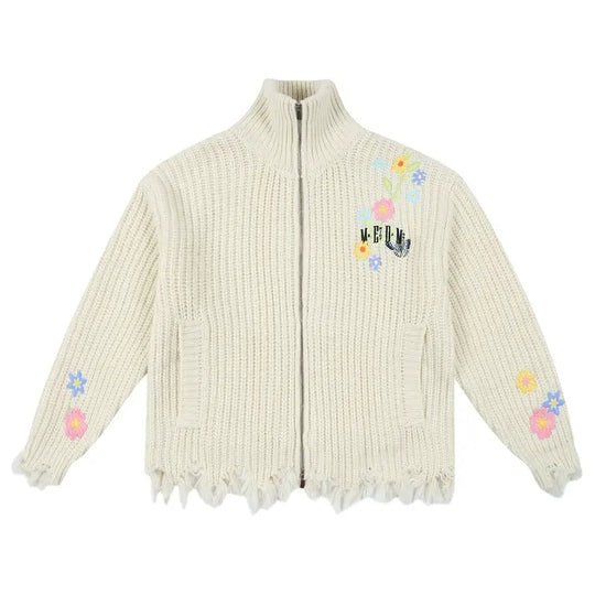 MEDM Frayed Hem Floral Embroidered Knit Cardigan | Face 3 Face